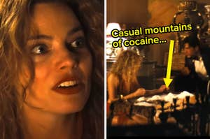 Margot Robbie with an excited face, and two people doing cocaine at a party
