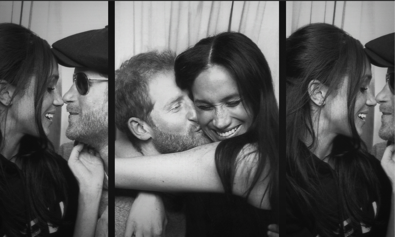 three photobooth pictures of meghan markle and prince harry kissing