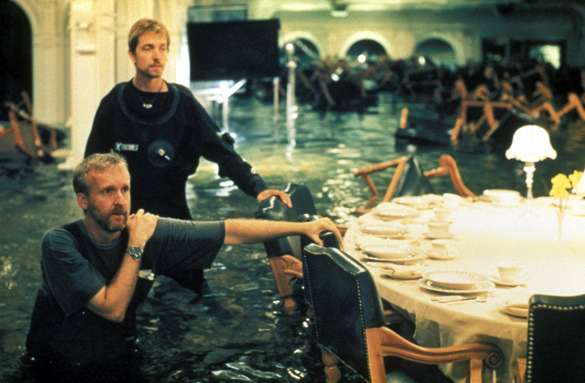 Cameron in the water while directing in the flooded ballroom 