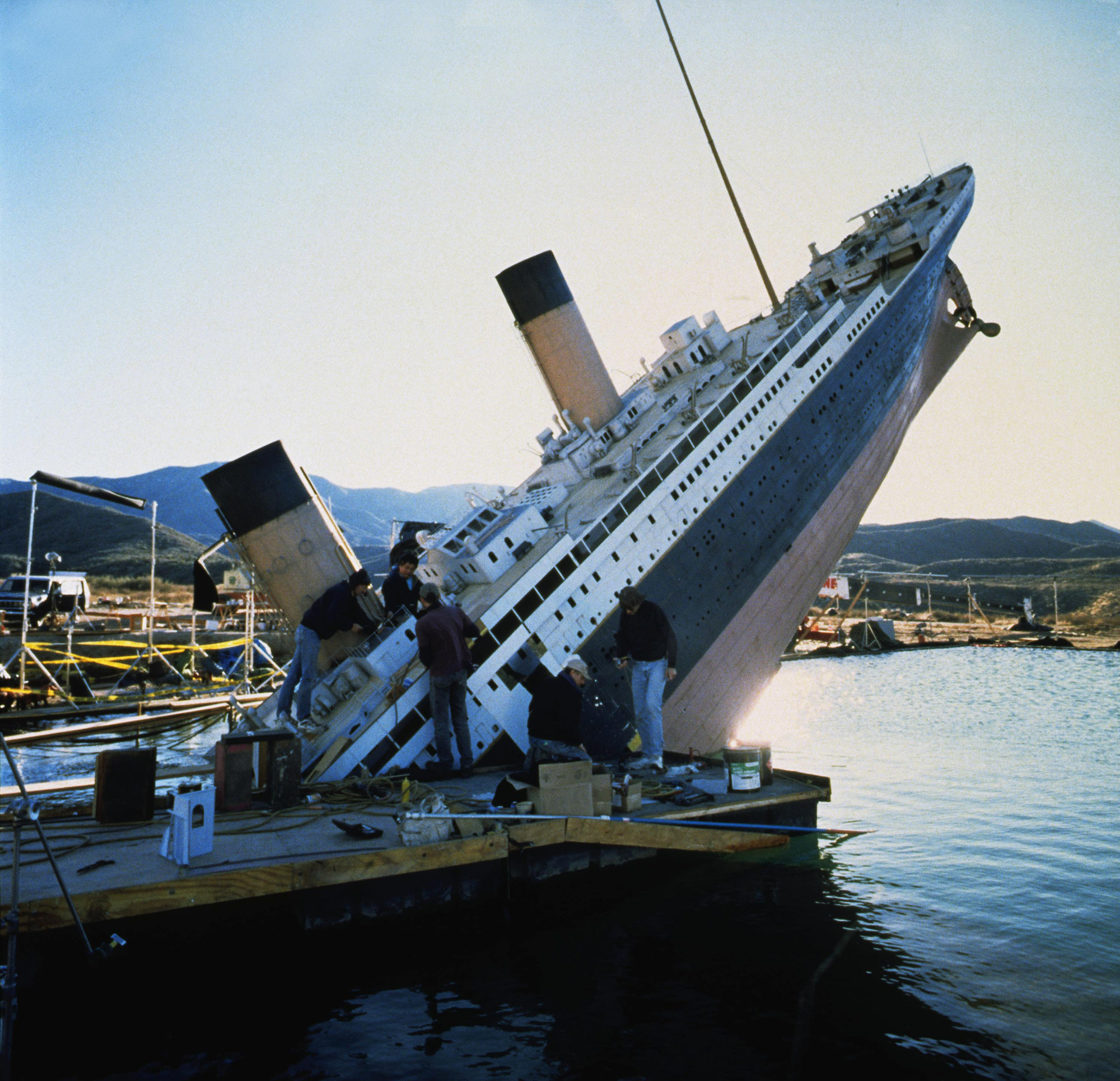 A model replica sinking Titanic ship on set that was used for the film