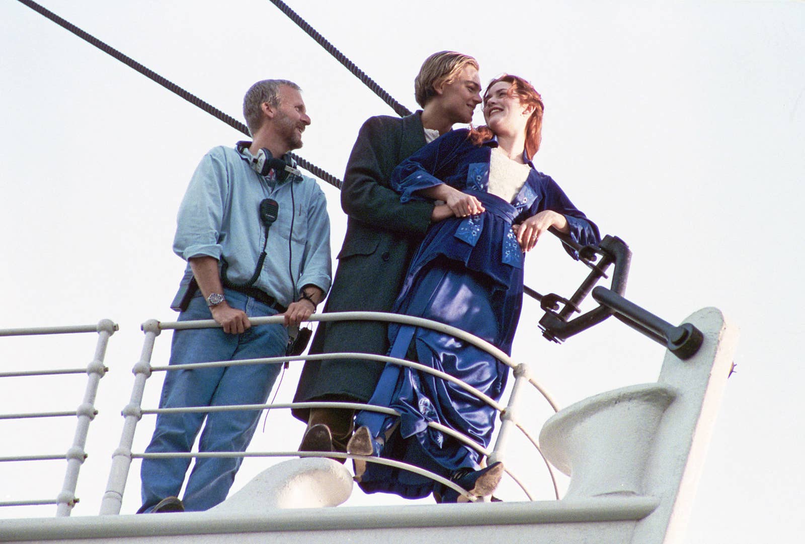 James Cameron directing Leonardo DiCaprio and Kate Winslet on the set of Titanic during the famous &quot;I&#x27;m flying&quot; scene