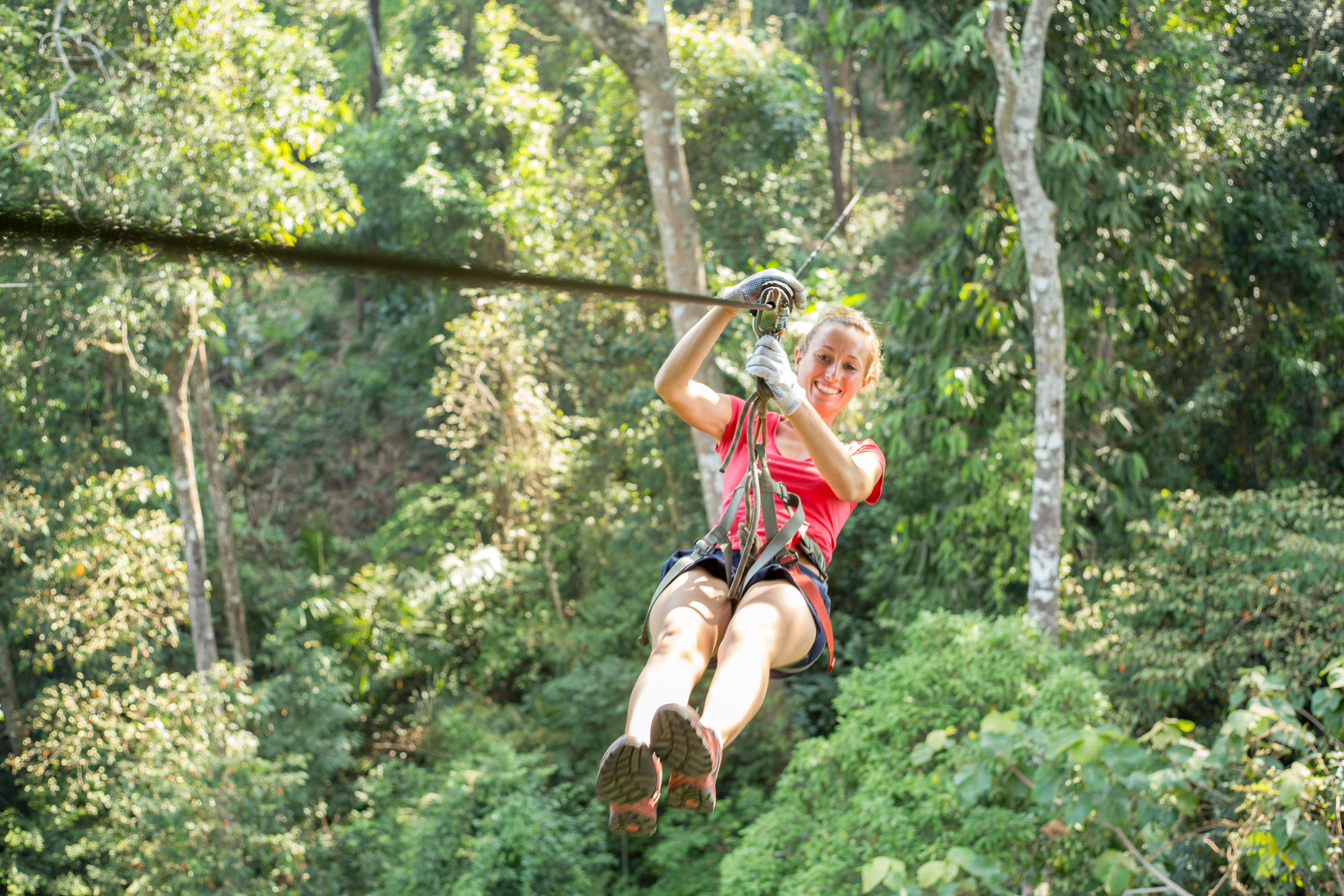 Young healthy woman enjoying zip-lining on a canopy tour adventure in the rain forest in northern Laos, sunny summer day