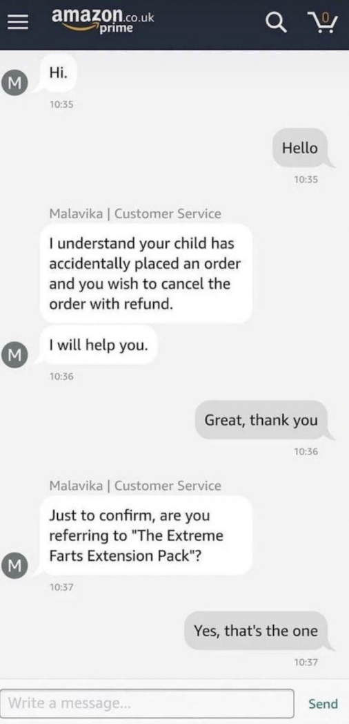 Screenshot of text exchange on Amazon Prime
