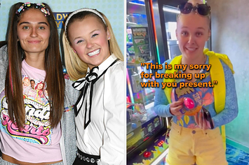 JoJo Siwa appears in a white and black top with a tie and black bottoms and a sparkly headband, while Avery Cyrus wears a pink graphic tee and colorful hair clips. JoJo also appears in a blue top with yellow shorts and a yellow backpack.