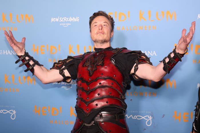 Elon Musk dressed in a Halloween costume, similar to a Roman centurion