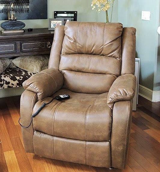 the faux leather tan chair with remote