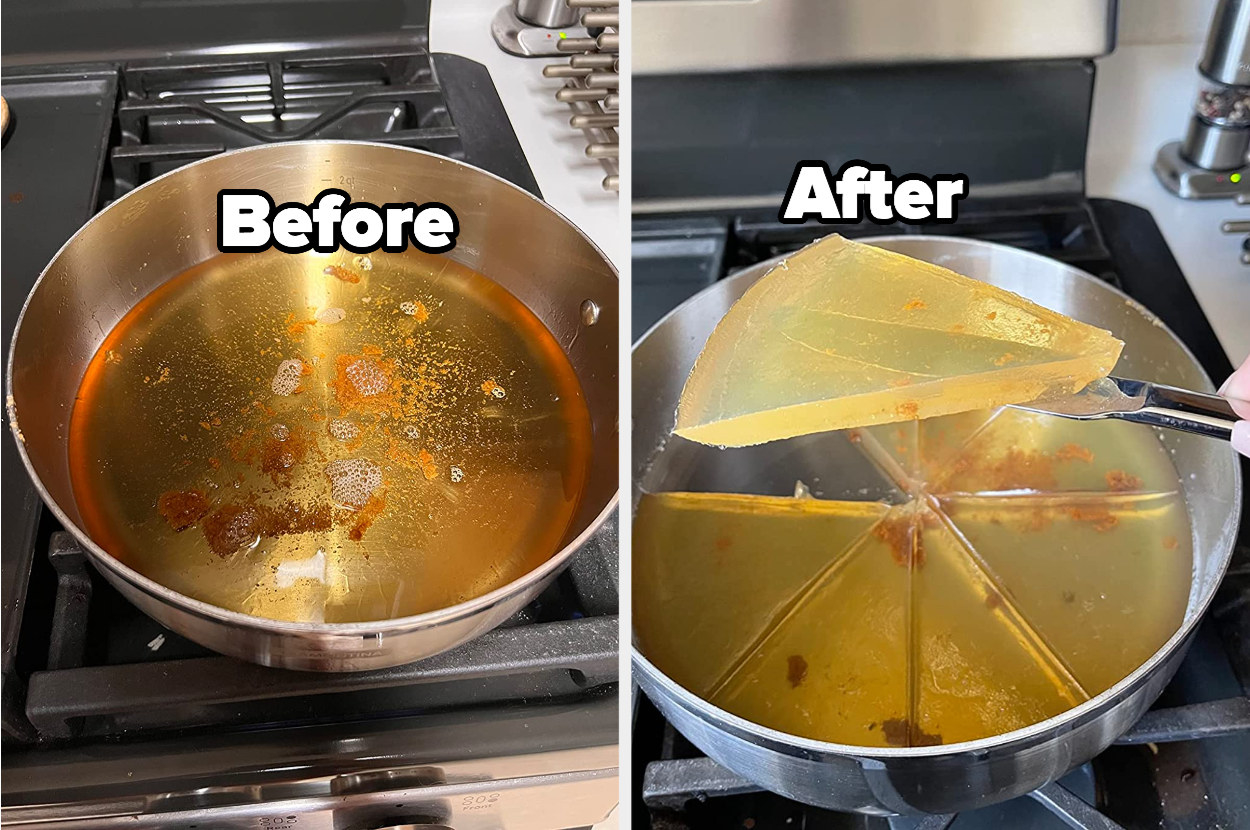 A reviewer&#x27;s pan of oil before/ and a wedge slice of the solidified oil looking like jello after