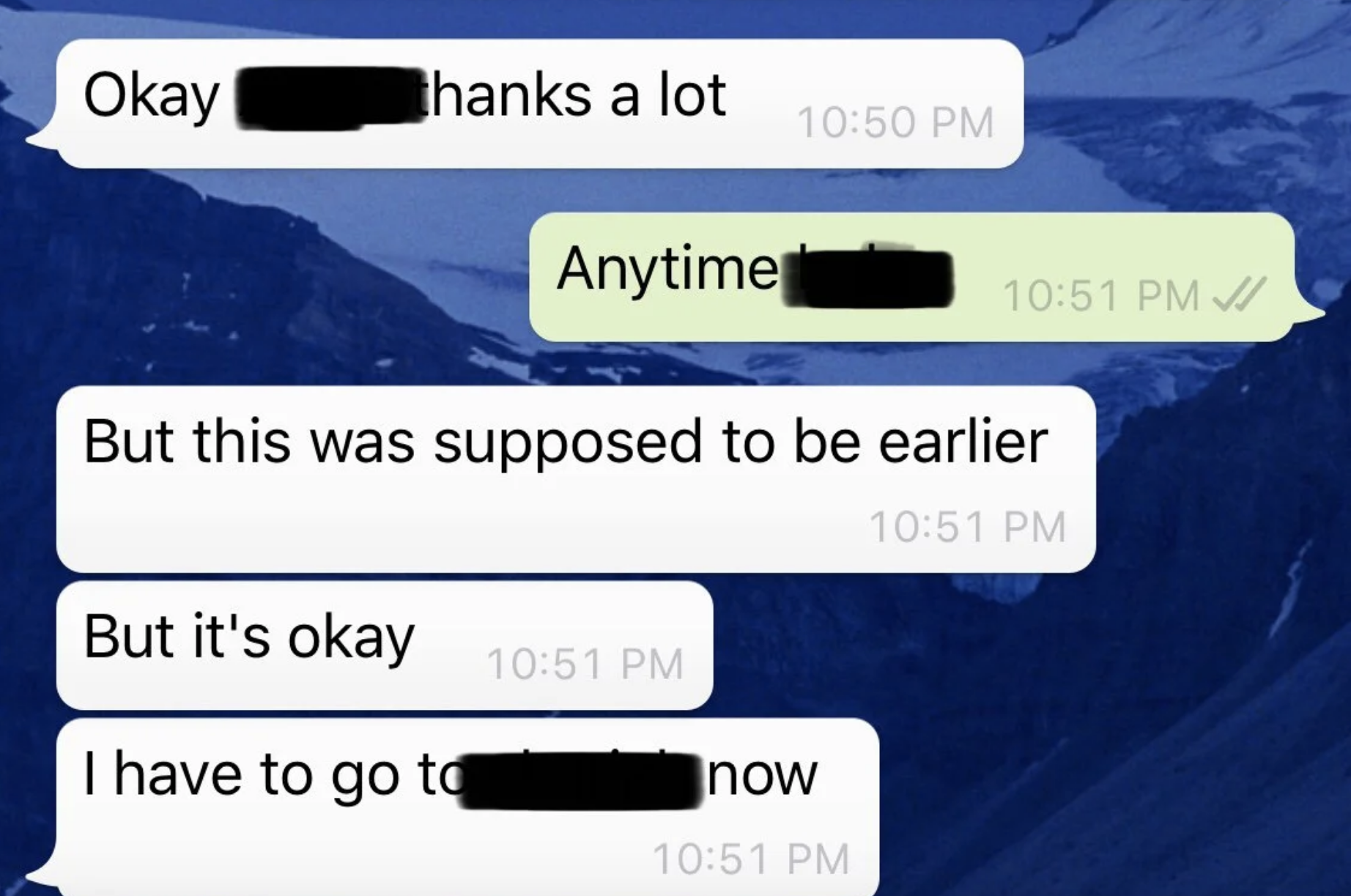 A person says thank you for providing money, then immediately follows it by saying &quot;it was supposed to be earlier, but it&#x27;s okay&quot;