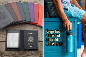 a passport and vaccination card in a black holder with assorted passport holders fanned out above / model holding a blue water tumbler by the handle with text: keeps hot drinks hot and cold drinks cold!