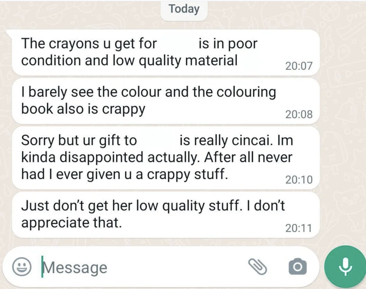 A string of texts telling someone the crayons and coloring book they gave them as a gift are low quality and they&#x27;re disappointed