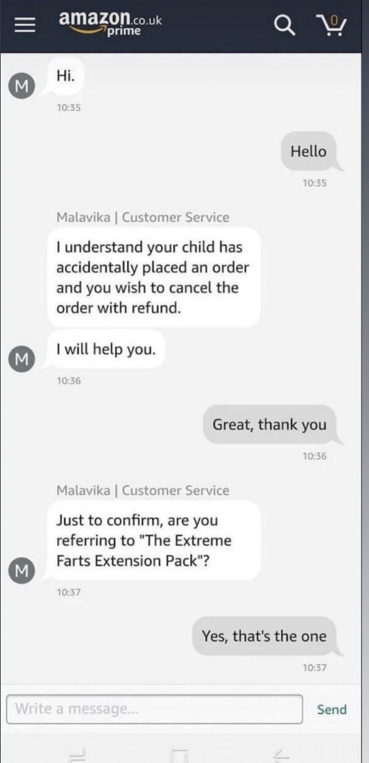 An Amazon customer service person saying they understand the person&#x27;s child placed an order they want to cancel, and asking if it&#x27;s &quot;The Extreme Farts Extension Pack&quot;