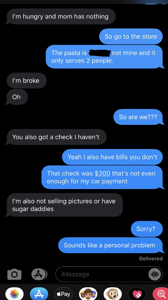 A woman asks her sister to buy her food because she&#x27;s broke because she&#x27;s &quot;not selling pictures or have sugar daddies&quot;