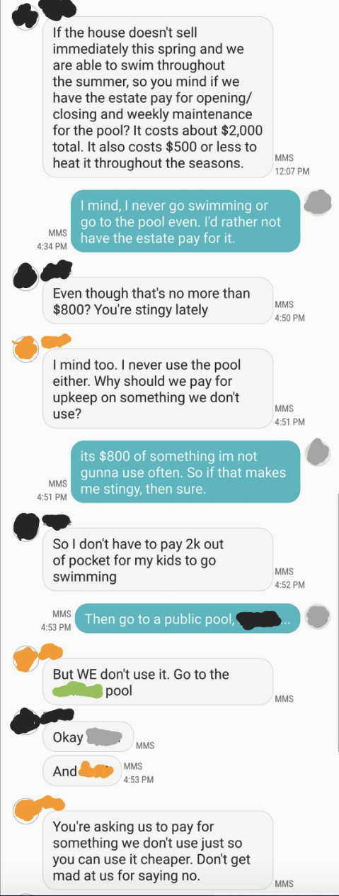 Someone asks their two sisters if they can use their estate to pay for pool access; the two sisters say they never use it, so they won&#x27;t pay, and the third sister calls them stingy