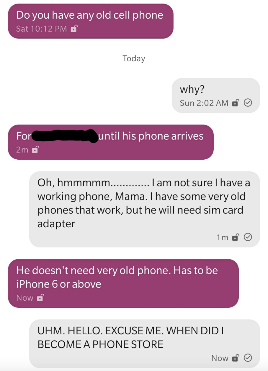 A mother says her brother needs a phone and asks her daughter if she has a spare, but that it has to be iPhone 6 or above