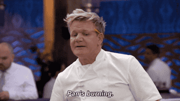 Chef Gordon Ramsay pointing at a pan saying Pans burning