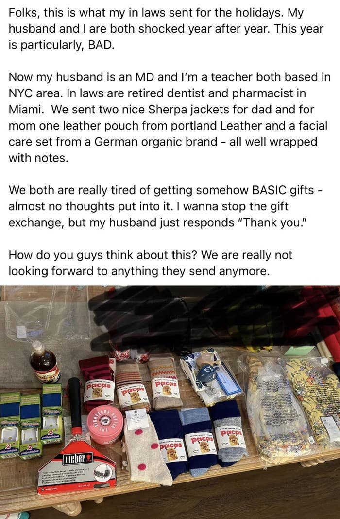 A person posted a picture of the gifts they received from their in-laws, which include socks and food, complaining that they&#x27;re basic and they want to stop exchanging gifts