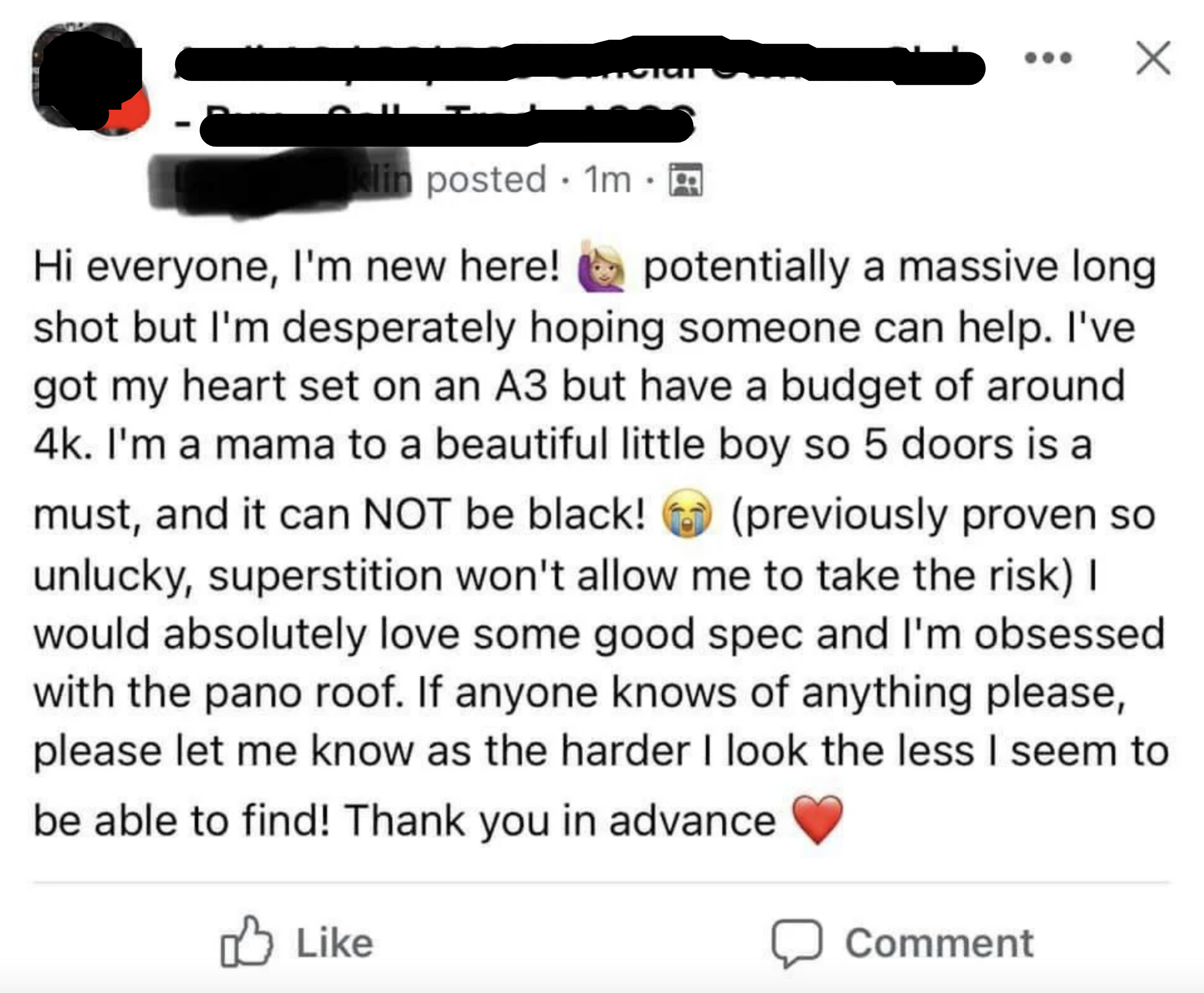 A woman&#x27;s post on social media says she wants a specific type of car, with requirements of the make, model, number of doors, and color, but will only pay $4,000