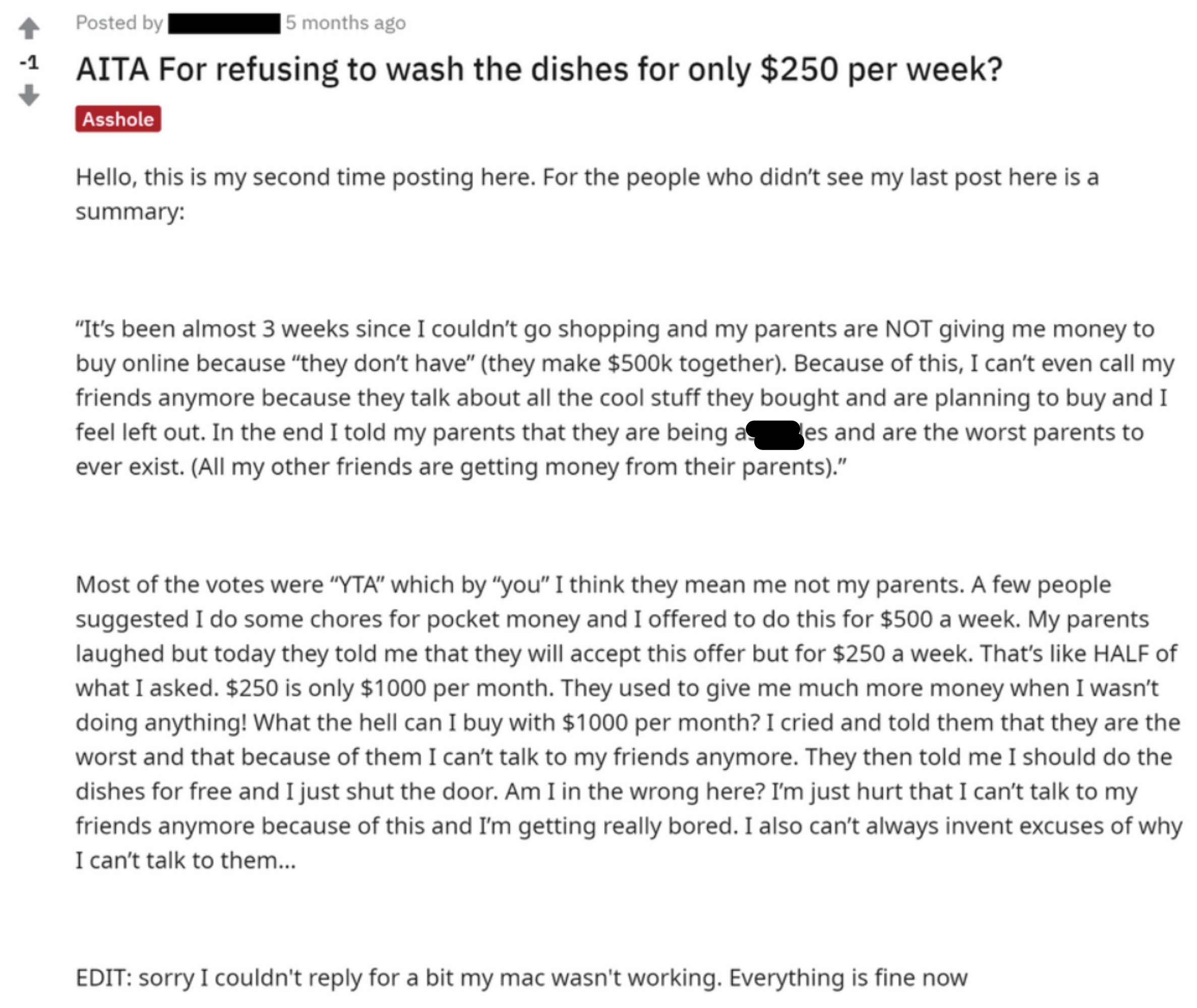 A long post in which a teen says they wanted $500 a week for doing chores, their parents offered $250, and they responded with &quot;what can I buy with $1,000 a month?&quot;