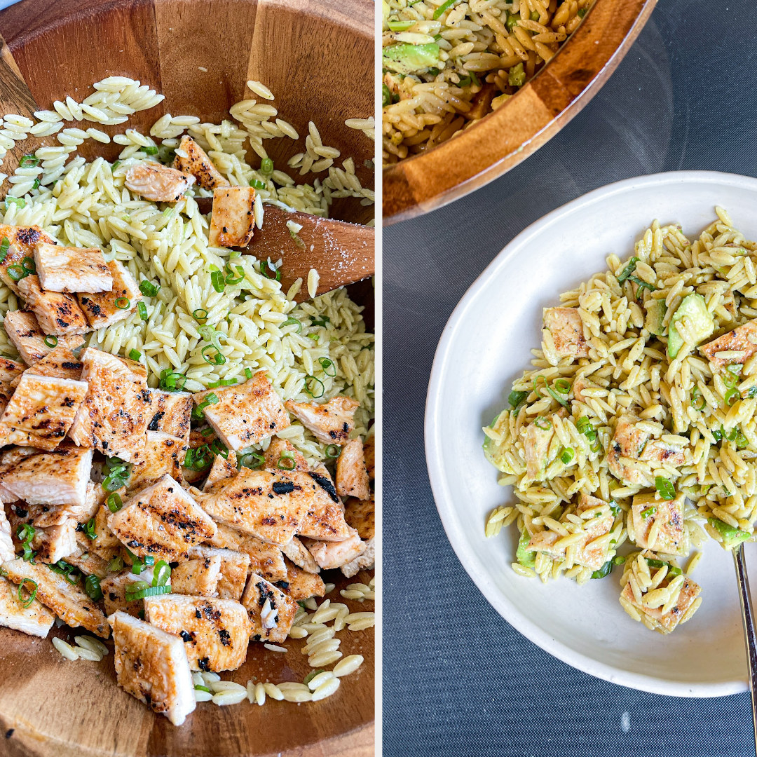 grilled chicken and orzo salad in a salad bowl