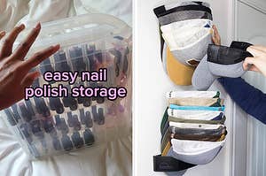 A reviewer holding their nail polish organizer labeled "easy nail polish storage" and an organizer for ball caps