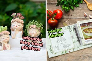  three fairy head planters / recipe binder with tomatoes and cilantro /