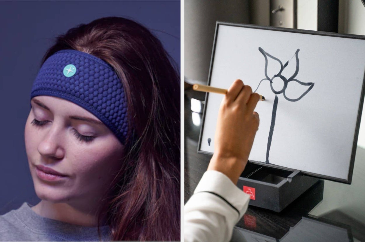 a person wearing the audio sleep headband, and a person using the buddha board
