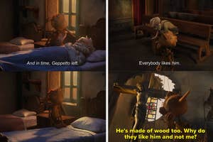 an old man supports the head of a wooden boy from behind