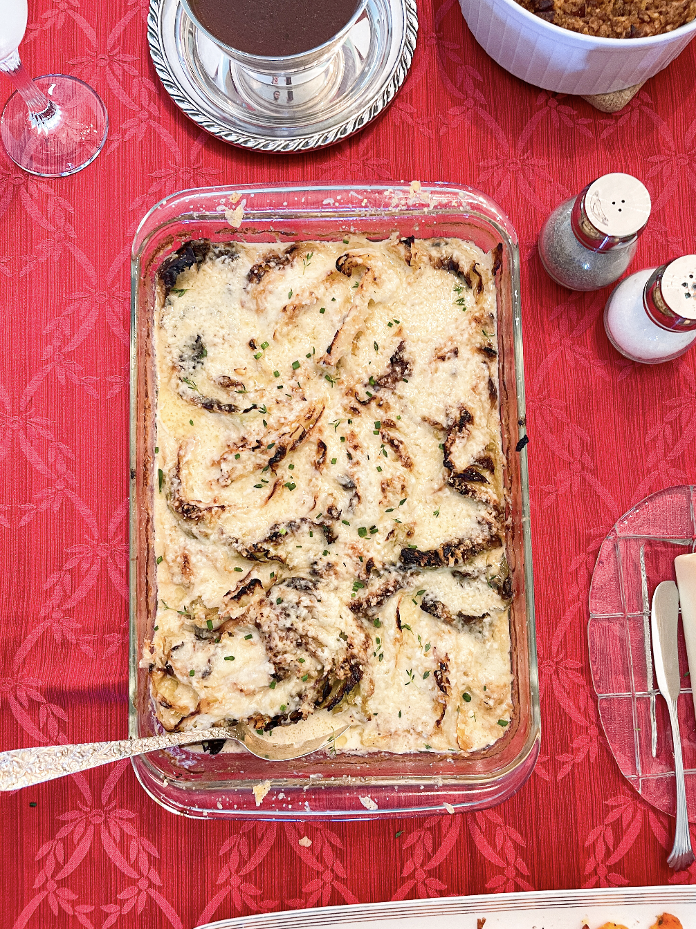 cabbage gratin on red tablecloth for holidays