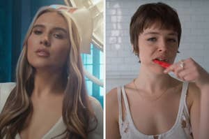 On the left, Mimi Webb in the House on Fire music video, and on the right, Maggie Rogers in the That's Where I Am music video