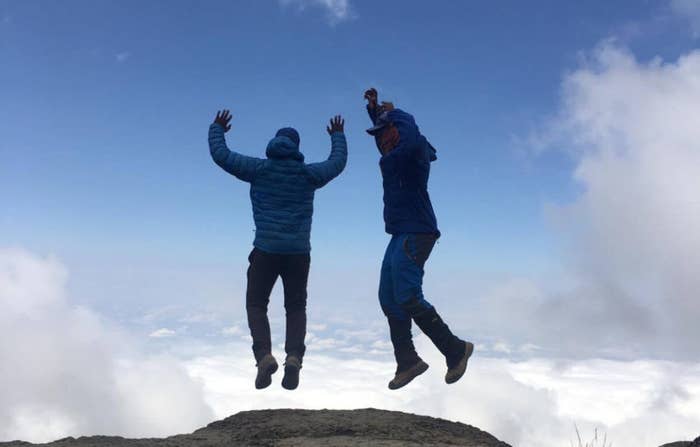 Two people jumping for joy