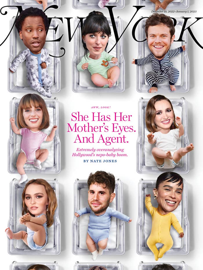 NY Mag cover containing faces of celebrities famous by nepotism superimposed over baby bodies