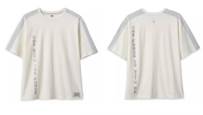 the white shirt with reflective text that reads &quot;one with the force, the force is with me&quot;