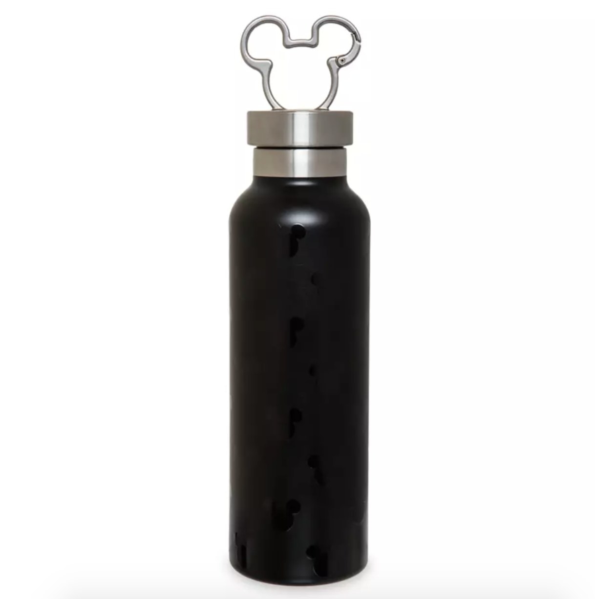 the black water bottle with black mickey indents and a silver mickey top
