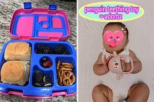 评论者的孩子的午餐盒在每个车厢中都有食物，审稿人的孩子手头有磨牙玩具