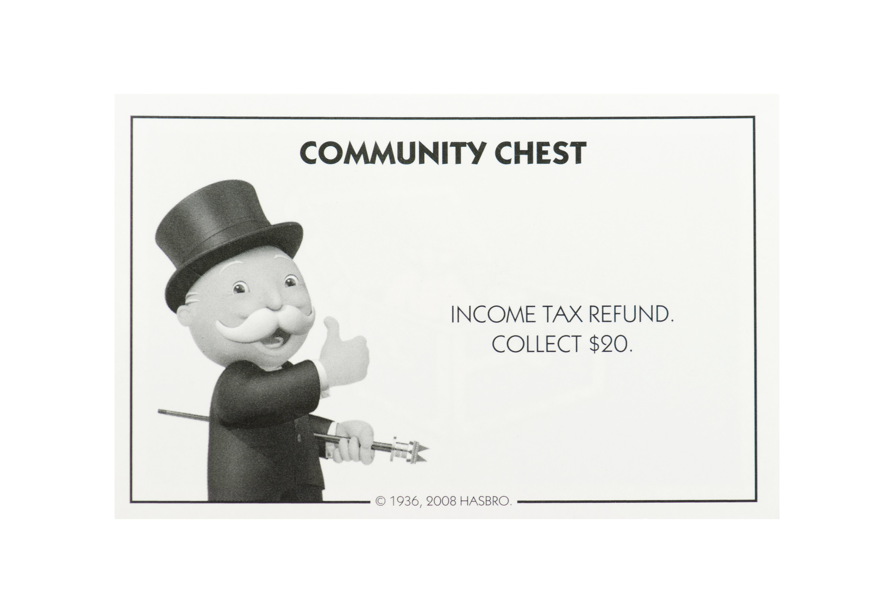 Monopoly man on Community Chest card posing with walking stick and thumbs up