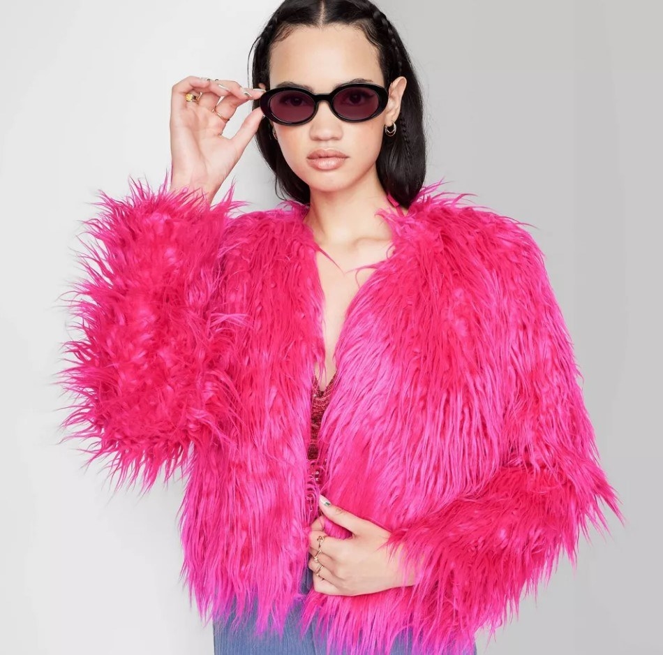 pink feathery jacket on model