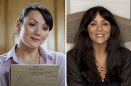 Martine McCutcheon in her role in Love Actually next to a photo of her today