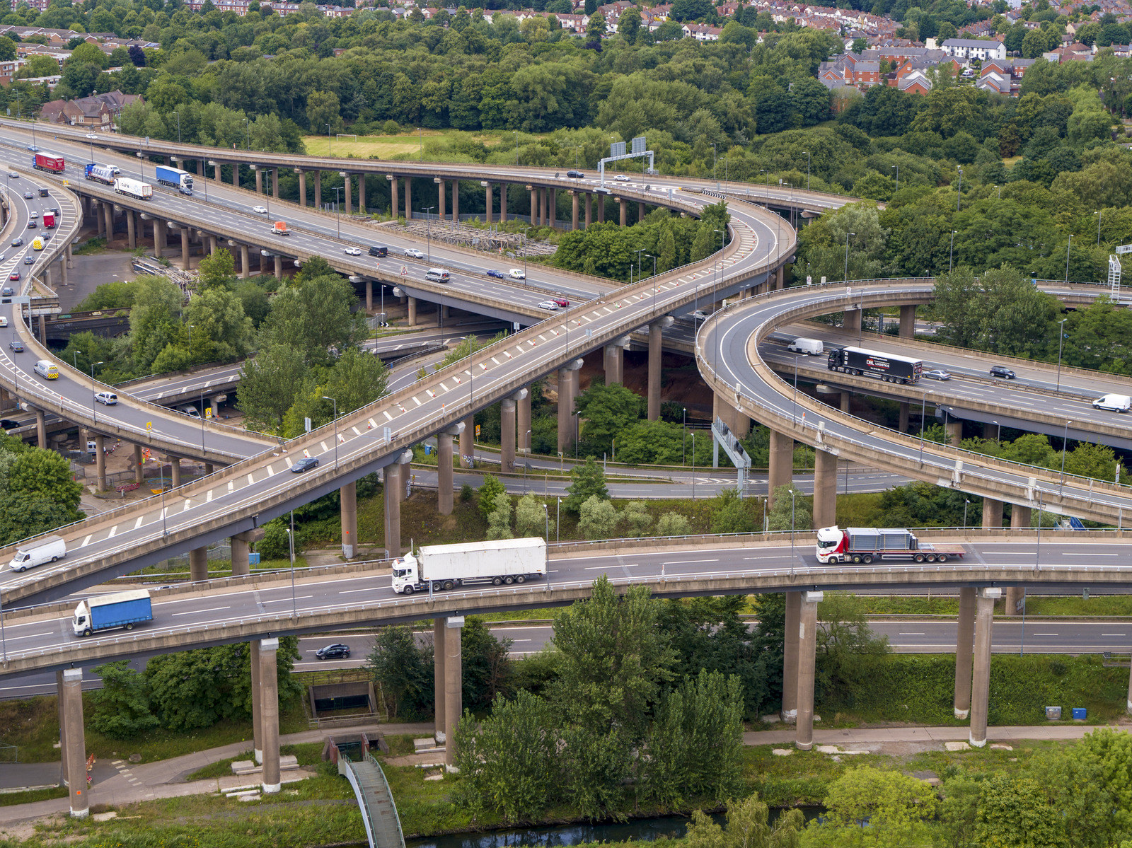 Aerial view of Spaghetti Junction motorway with cars and lorries driving on it