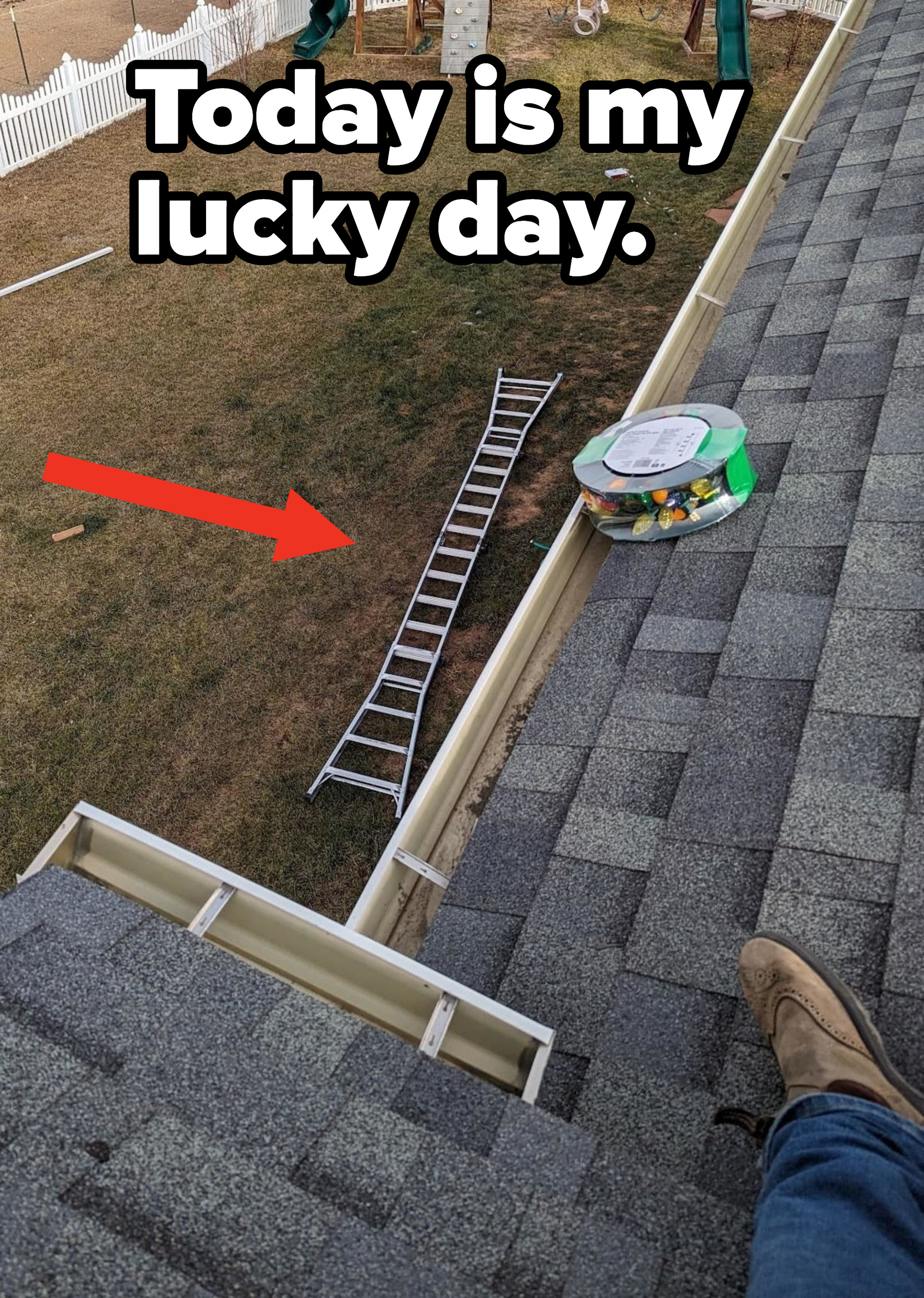 A ladder on the ground while someone is stuck on the roof