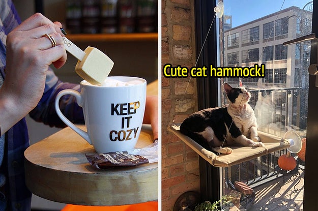 on left, hand dipping hot chocolate stick into mug that says "Keep It Cozy" on right, black and white cat lounging in beige cat hammock near window