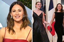 Jennifer Garner wears a red dress with dangling silver earrings. She also appears in a black dress with red lipstick while her daughter wears a black dress with red heels.