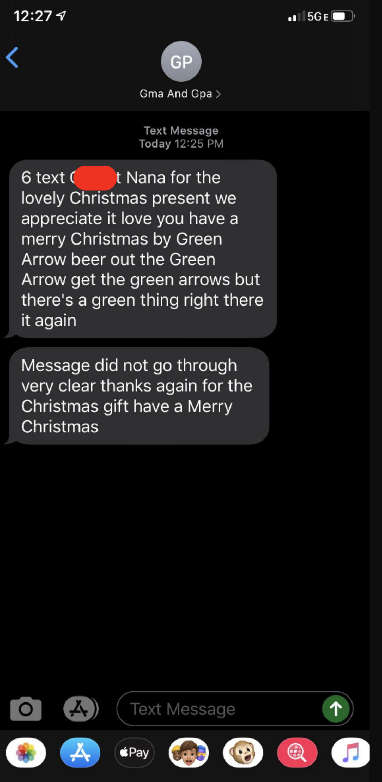 text message thanking someone for the christmas presents but with random phrases like green arrow inserted throughout