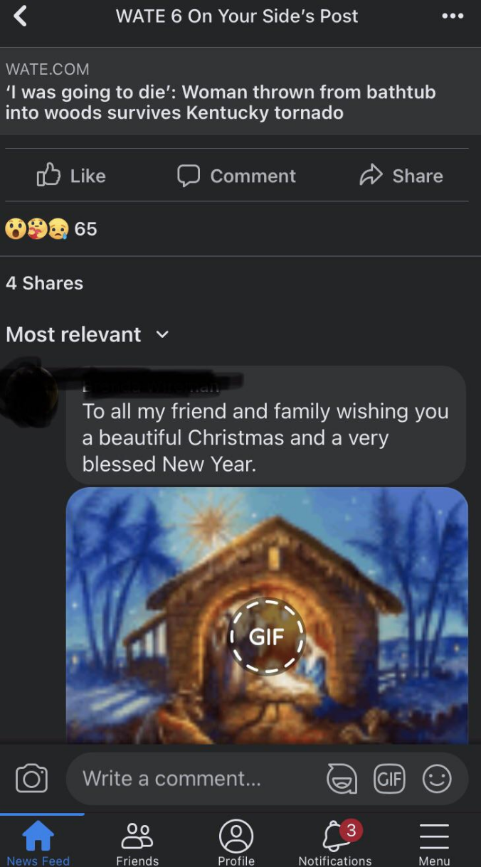 someone leaving a merry christmas comment on a post about a woman almost dying in a tornado