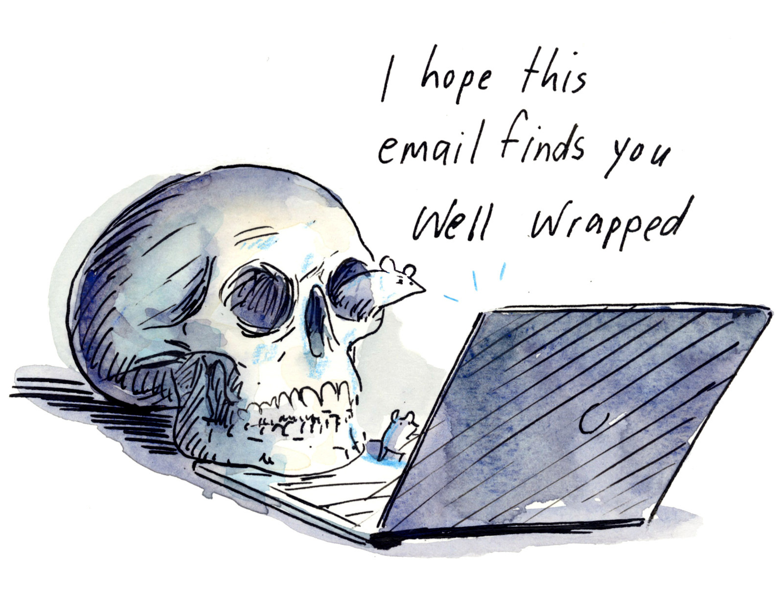 an image of a skull looking at a computer that reads &quot;I hope this email finds you well wrapped&quot;