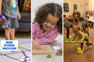 a kid with a mini dyson vacuum, a kid playing with a geoboard, kids playing the floor is lava game