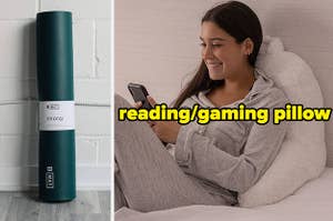 a b mat yoga mat, a reading/gaming pillow 