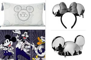mickey goofy and donald on a fleece blanket, a throw pillow, and minnie and mickey ears