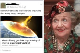 an old person's facebook post that says merry christmas but has an image of an asteroid hitting earth, next to a smiling older woman