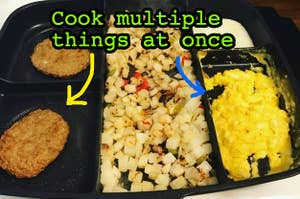 A pan with separate sections cooking multiple things at once