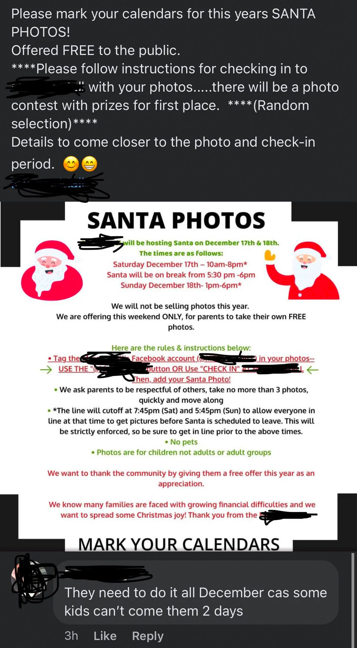 Person complaining about two free Santa photo days in December: &quot;They need to do it all December as some kids can&#x27;t come them 2 days&quot;